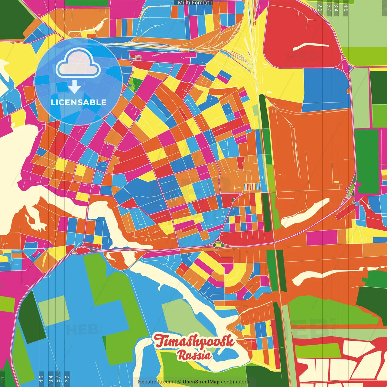 Timashyovsk, Krasnodar Krai, Russia Crazy Colorful Street Map Poster Template