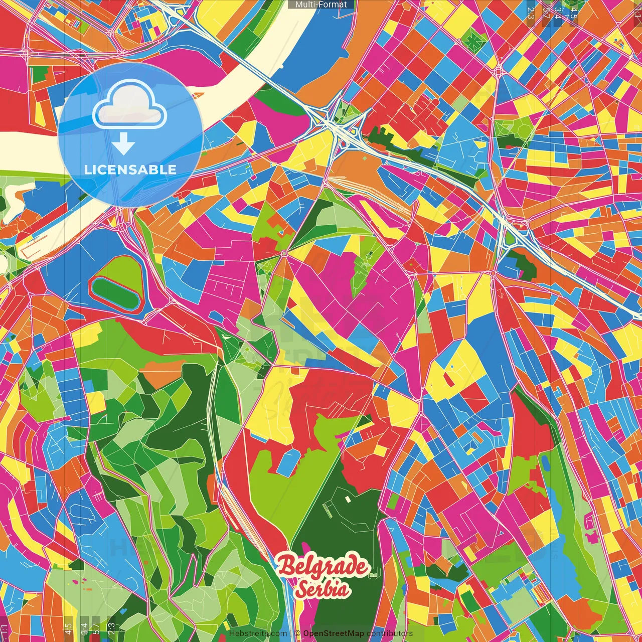 Belgrade, Belgrade, Serbia Crazy Colorful Street Map Poster Template