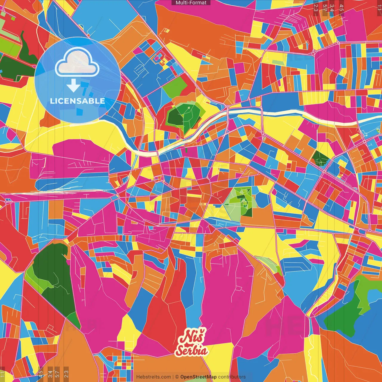 Niš, Nišava, Serbia Crazy Colorful Street Map Poster Template
