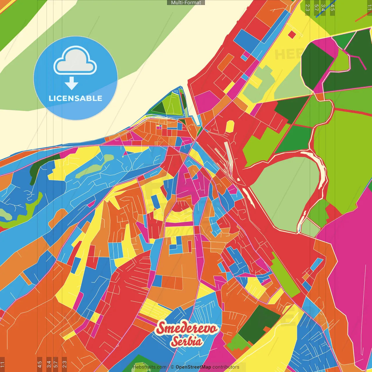 Smederevo, Podunavlje, Serbia Crazy Colorful Street Map Poster Template