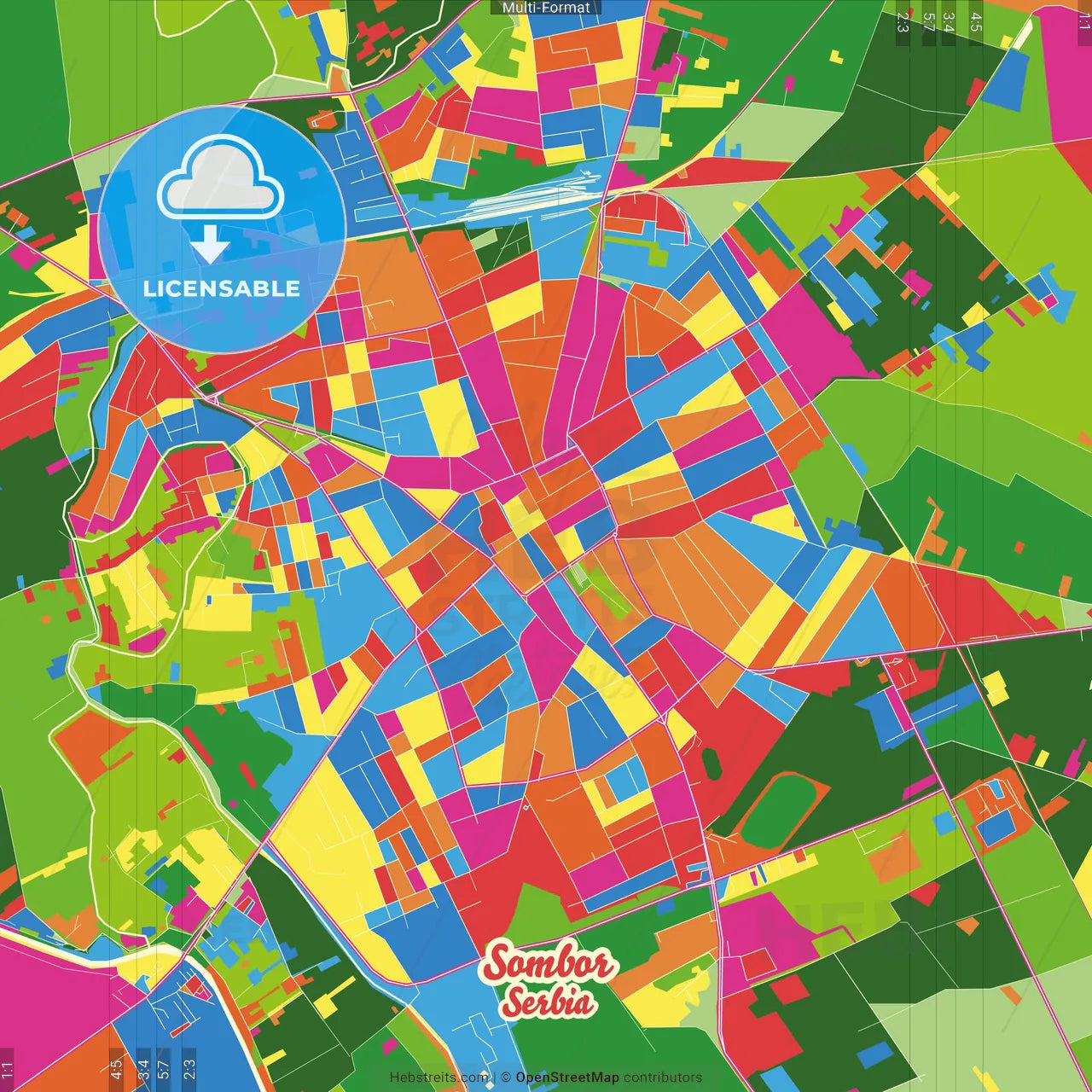 Sombor, West Bačka, Serbia Crazy Colorful Street Map Poster Template