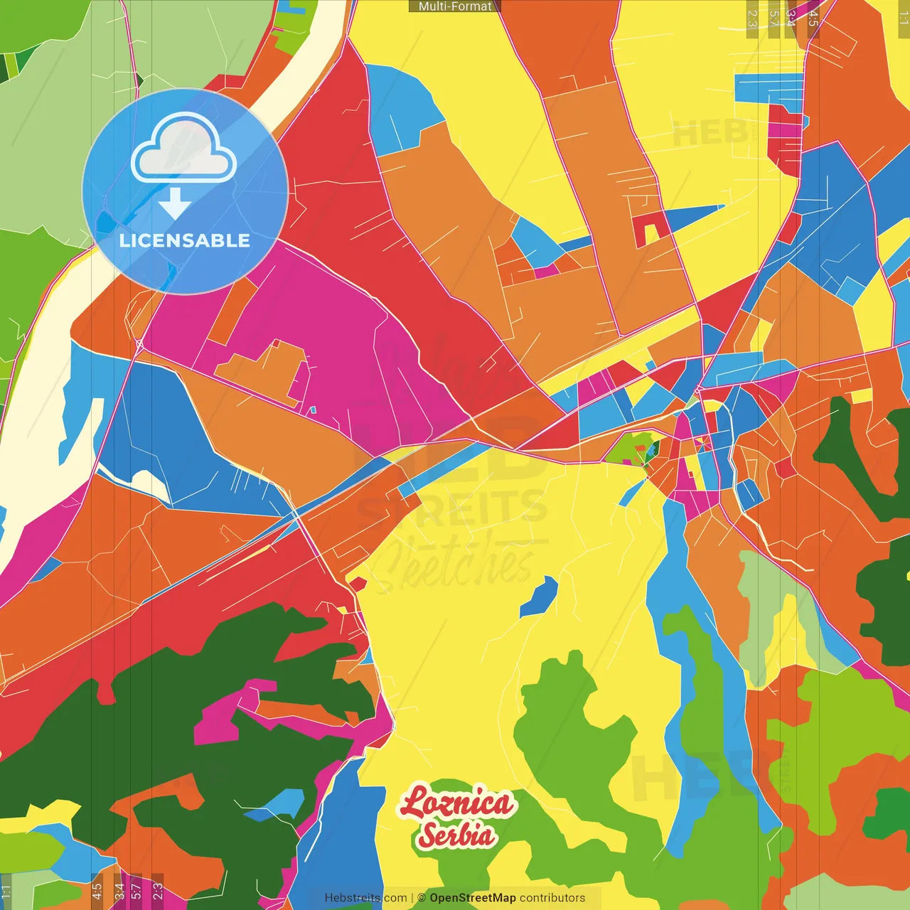 Loznica, Mačva, Serbia Crazy Colorful Street Map Poster Template