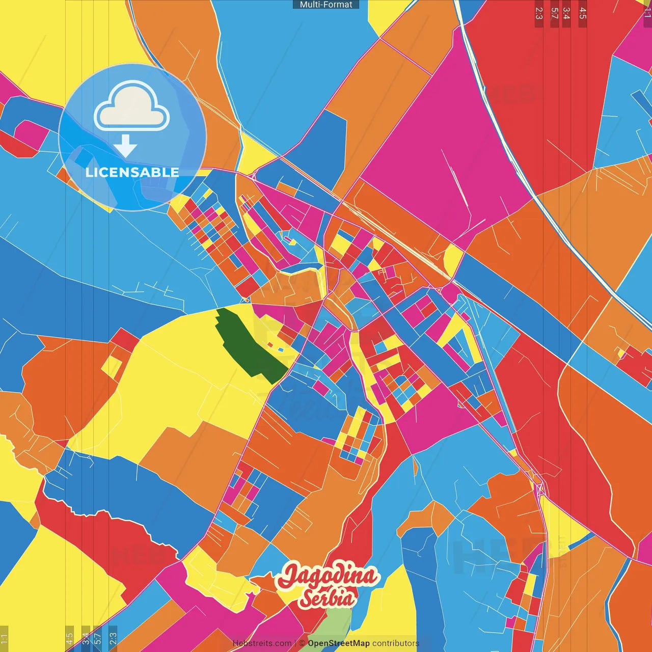 Jagodina, Pomoravlje, Serbia Crazy Colorful Street Map Poster Template
