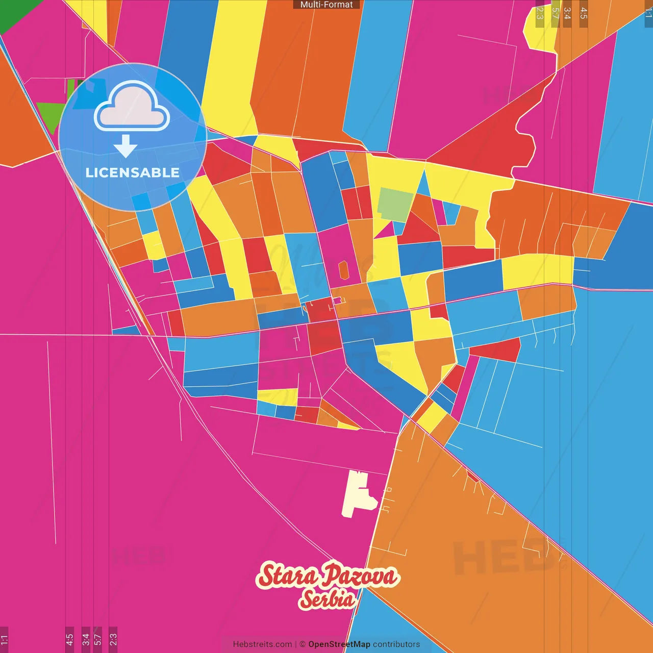 Stara Pazova, Srem, Serbia Crazy Colorful Street Map Poster Template