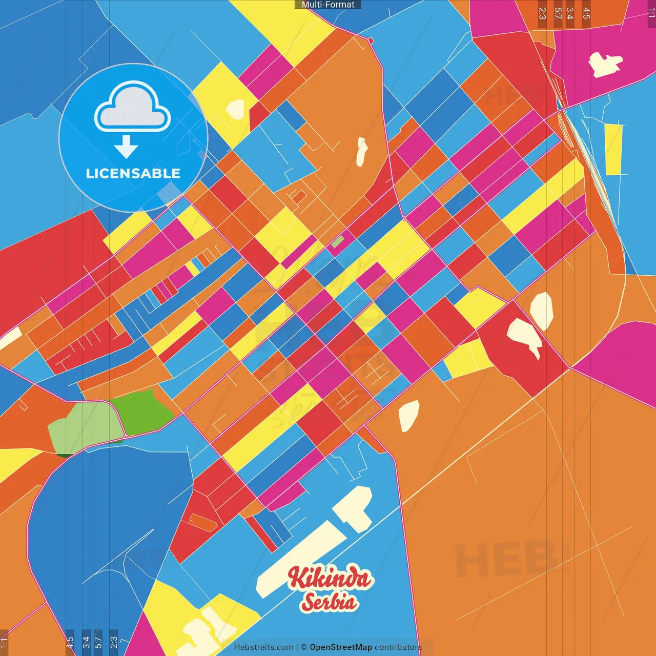 Kikinda, North Banat, Serbia Crazy Colorful Street Map Poster Template