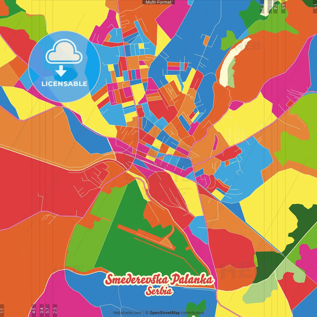Smederevska Palanka, Podunavlje, Serbia Crazy Colorful Street Map Poster Template