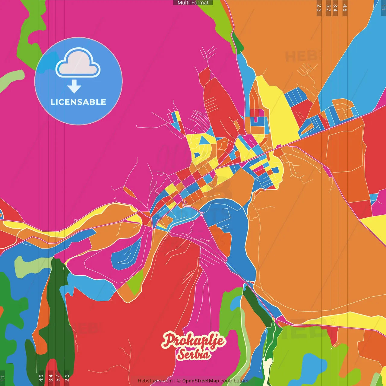 Prokuplje, Toplica, Serbia Crazy Colorful Street Map Poster Template
