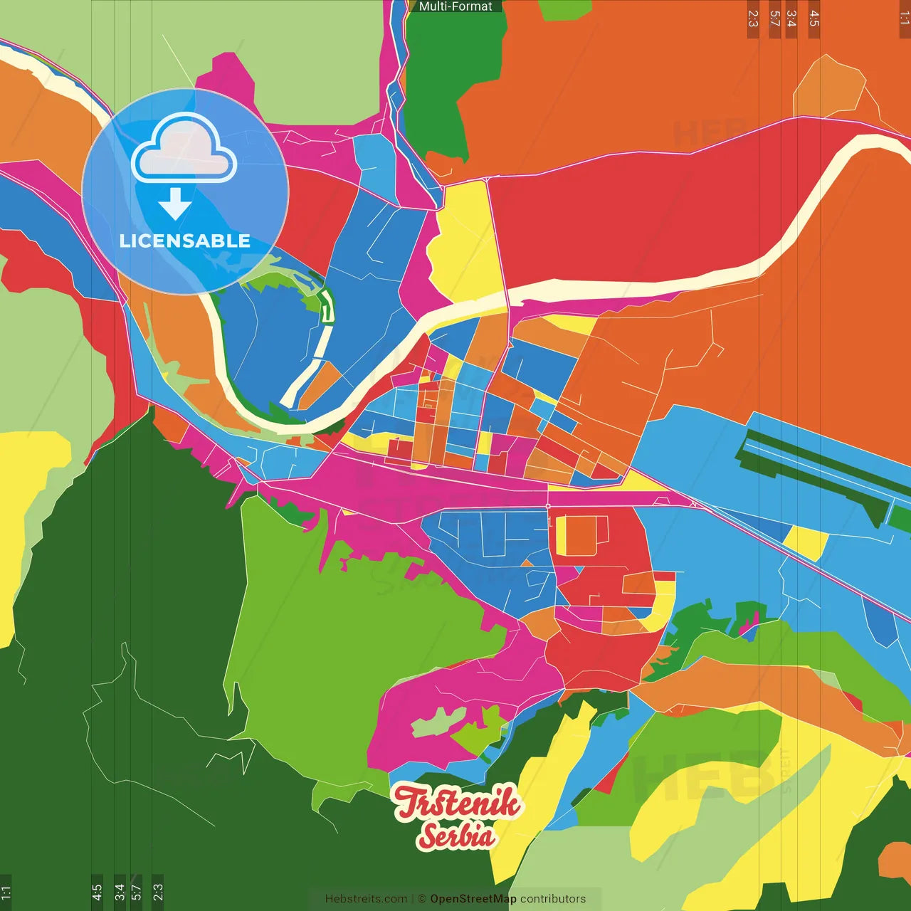 Trstenik, Rasina, Serbia Crazy Colorful Street Map Poster Template