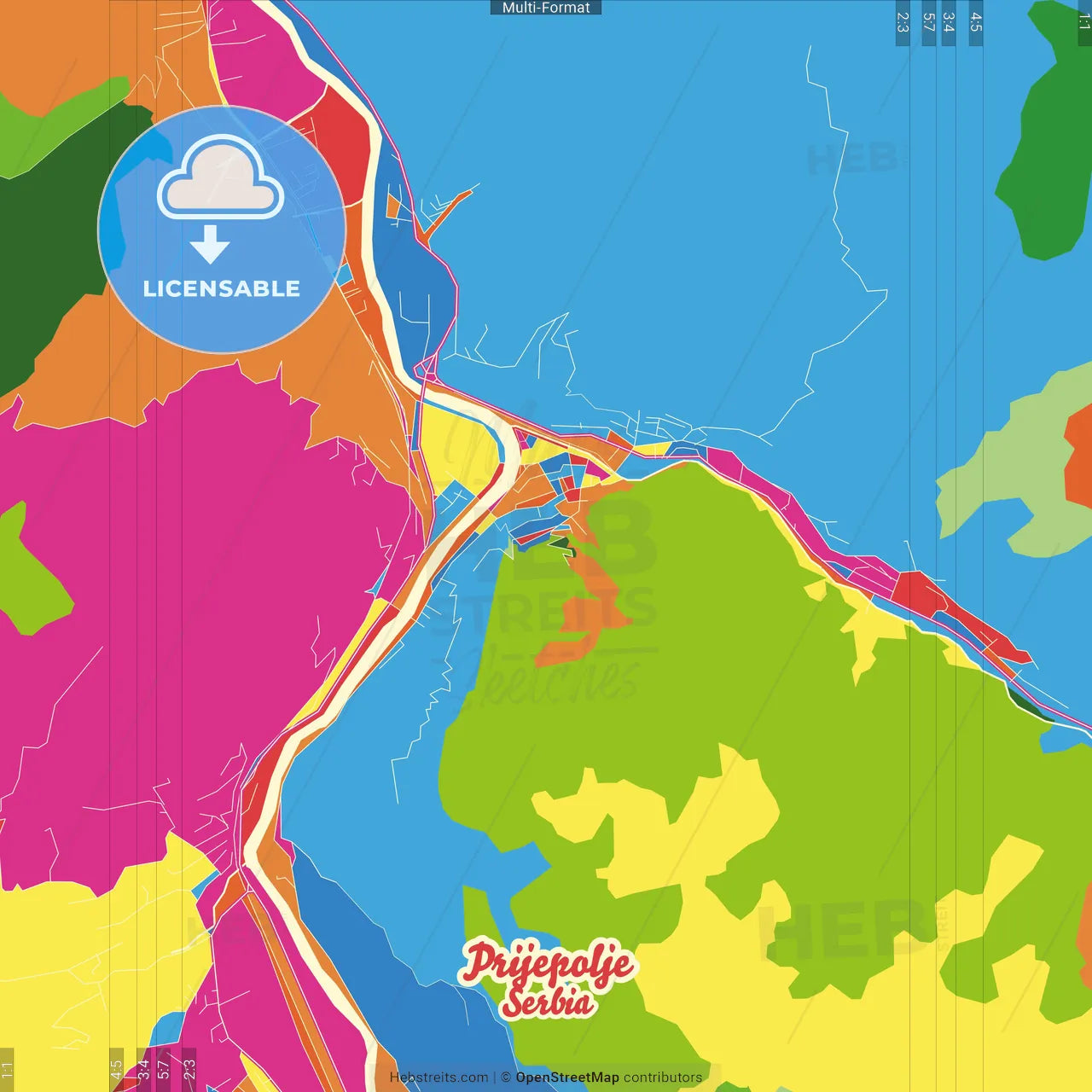 Prijepolje, Zlatibor, Serbia Crazy Colorful Street Map Poster Template