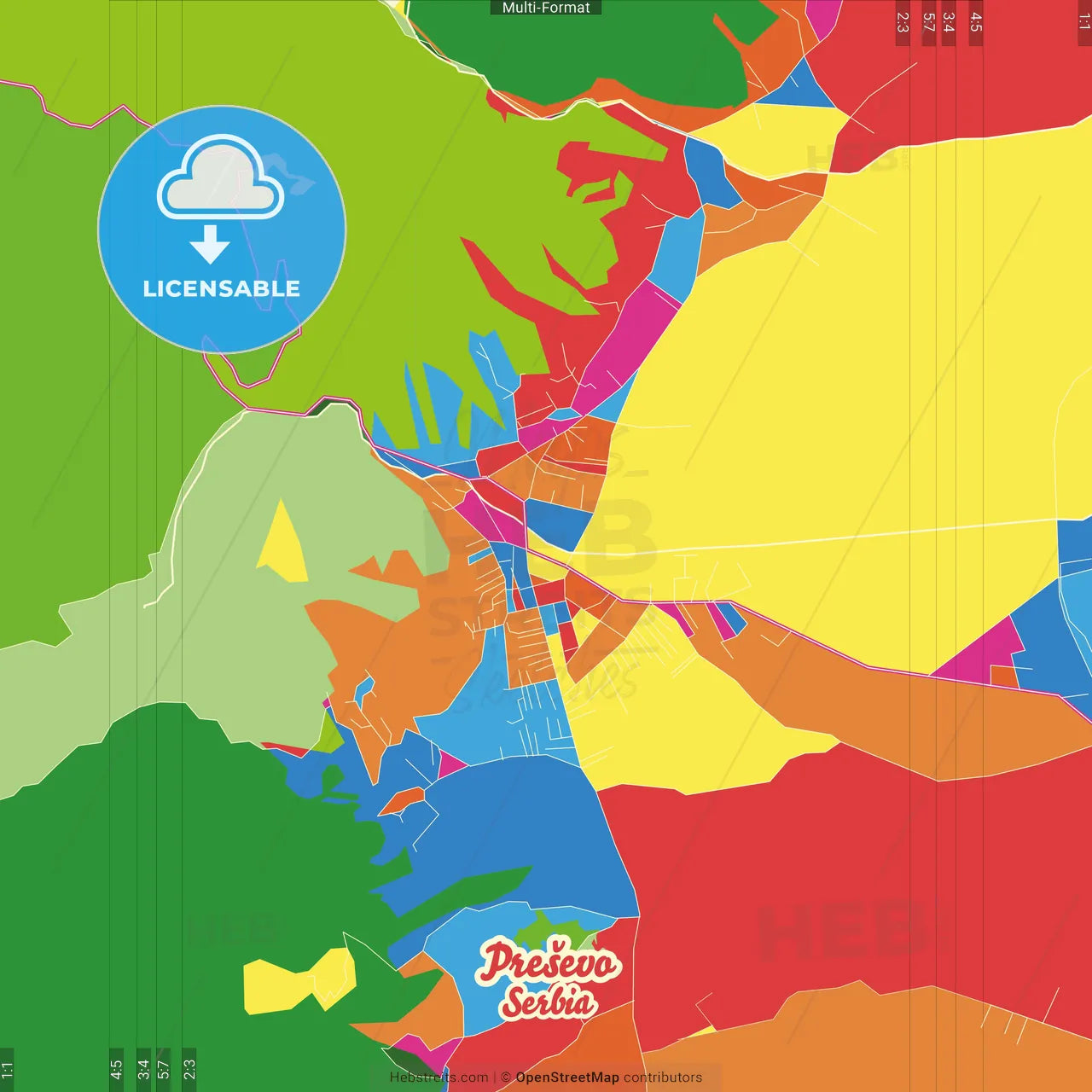 Preševo, Pčinja, Serbia Crazy Colorful Street Map Poster Template
