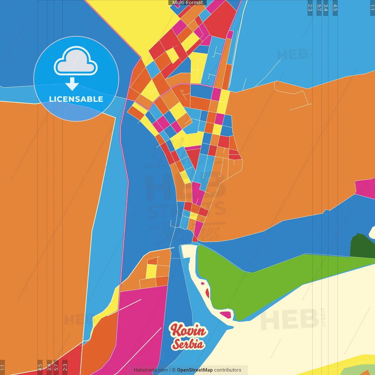 Kovin, South Banat, Serbia Crazy Colorful Street Map Poster Template
