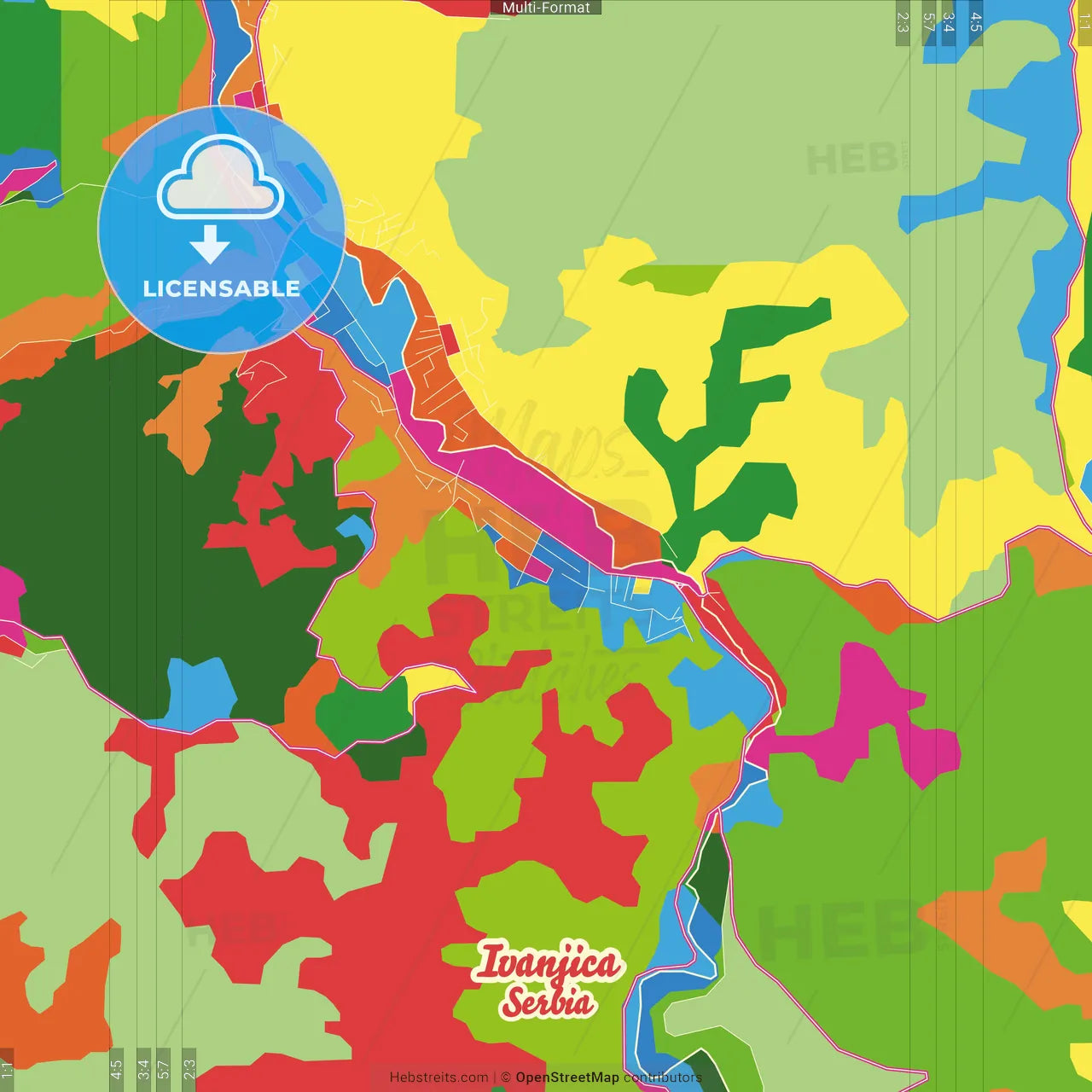 Ivanjica, Moravica, Serbia Crazy Colorful Street Map Poster Template