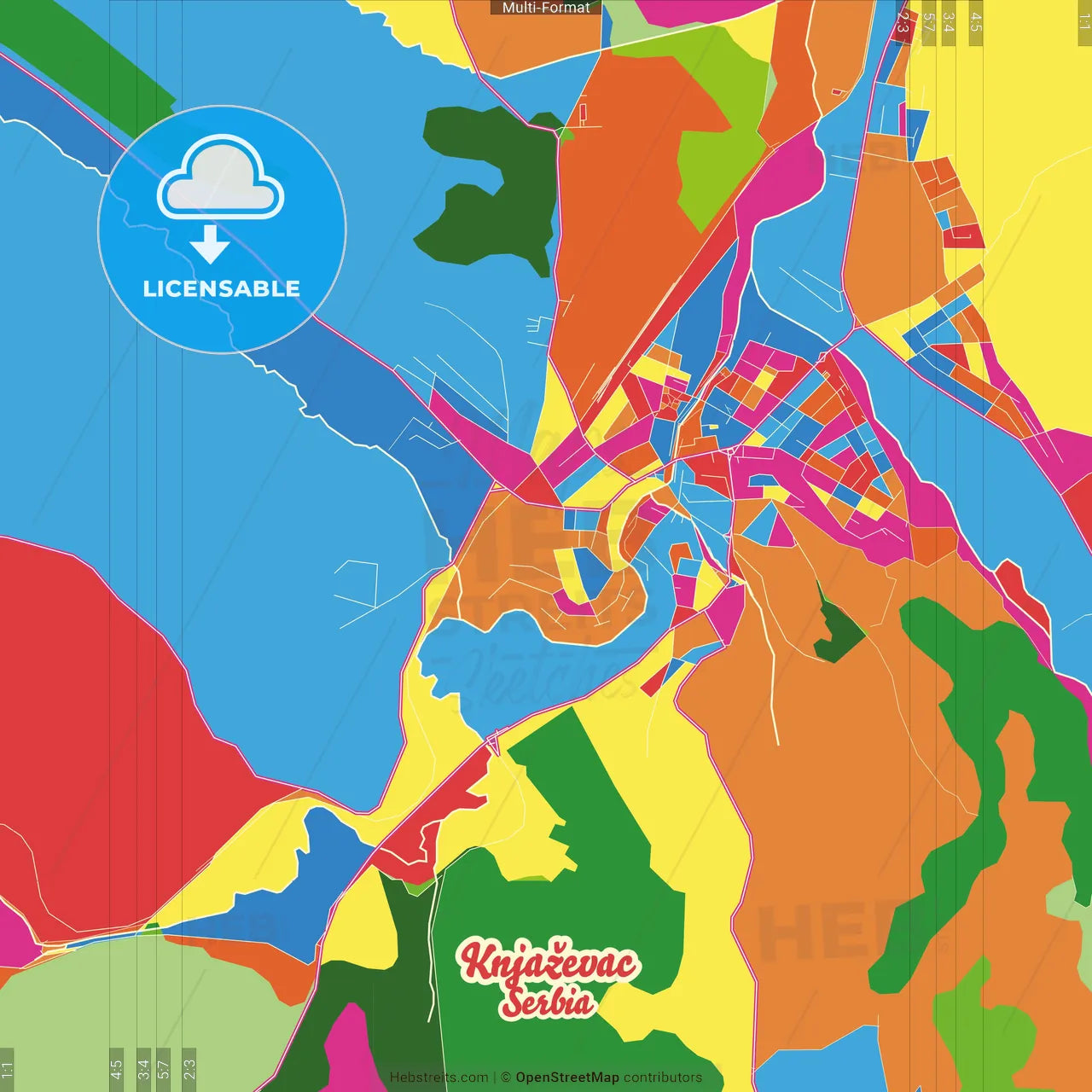 Knjaževac, Zaječar, Serbia Crazy Colorful Street Map Poster Template