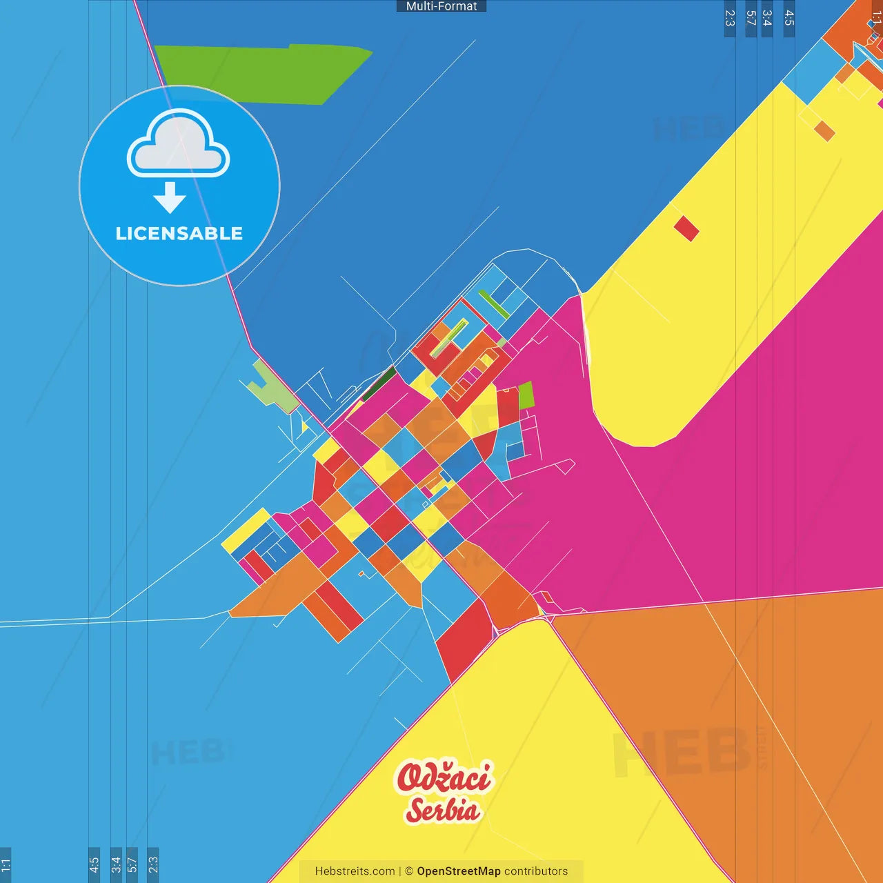 Odžaci, West Bačka, Serbia Crazy Colorful Street Map Poster Template