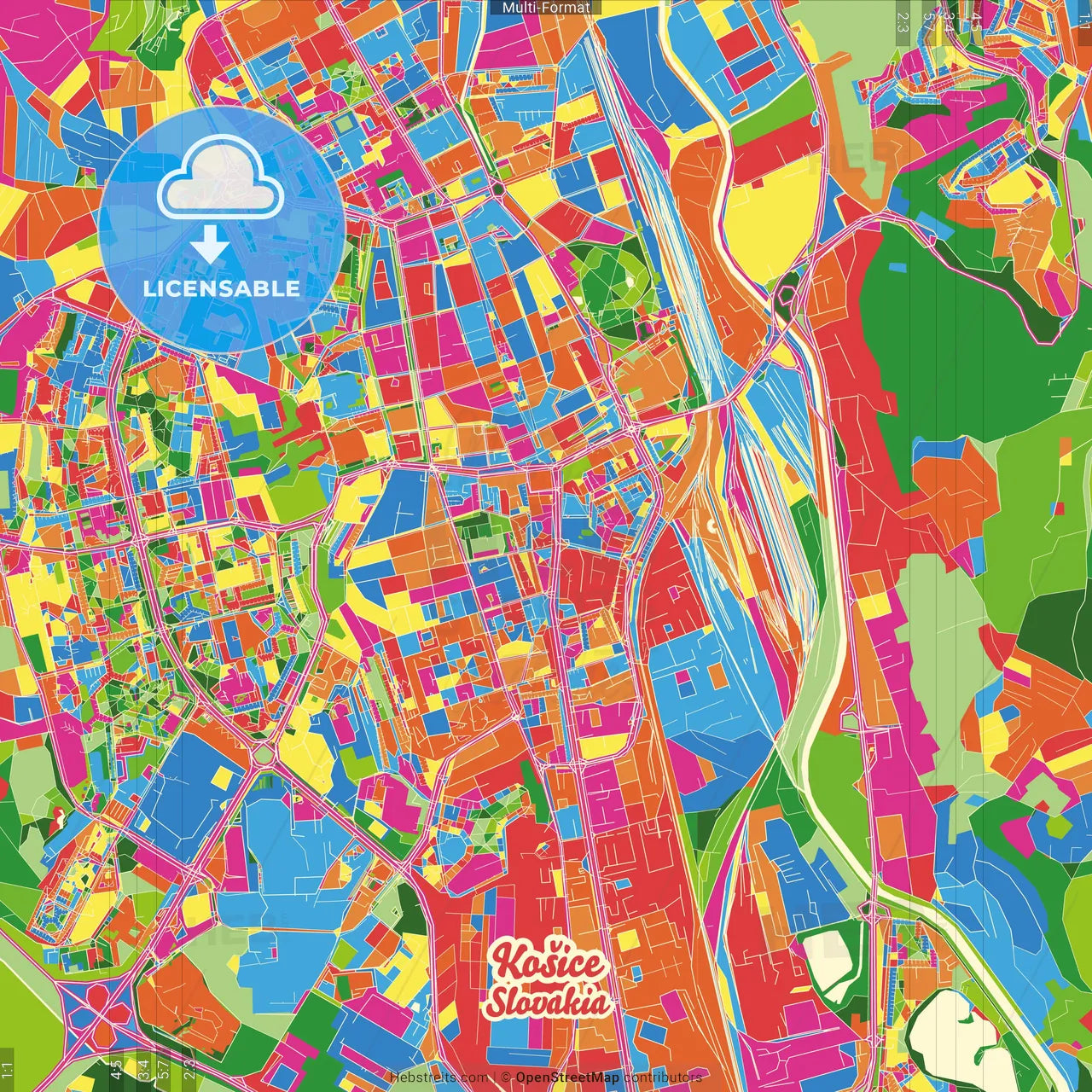 Košice, Košice Region, Slovakia Crazy Colorful Street Map Poster Template