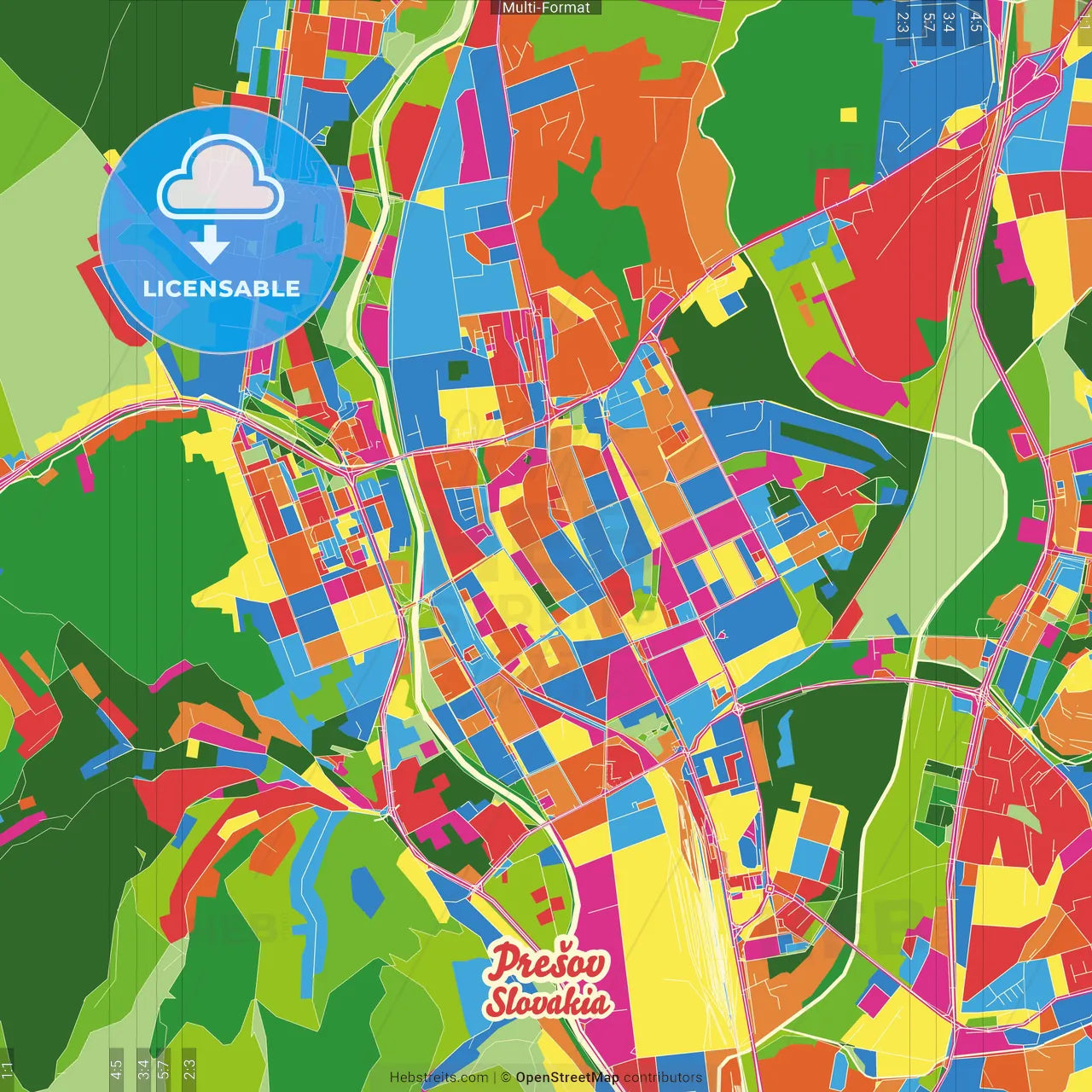 Prešov, Prešov Region, Slovakia Crazy Colorful Street Map Poster Template