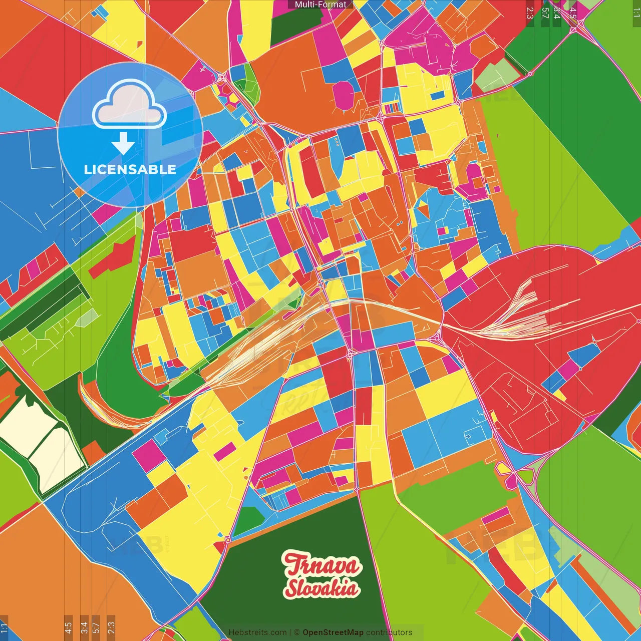 Trnava, Trnava Region, Slovakia Crazy Colorful Street Map Poster Template