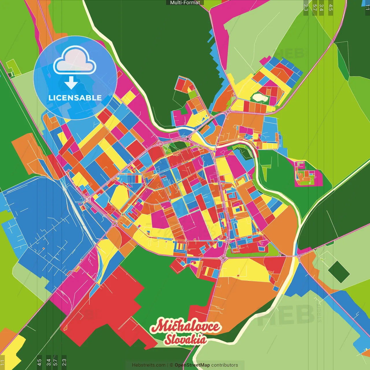 Michalovce, Košice Region, Slovakia Crazy Colorful Street Map Poster Template