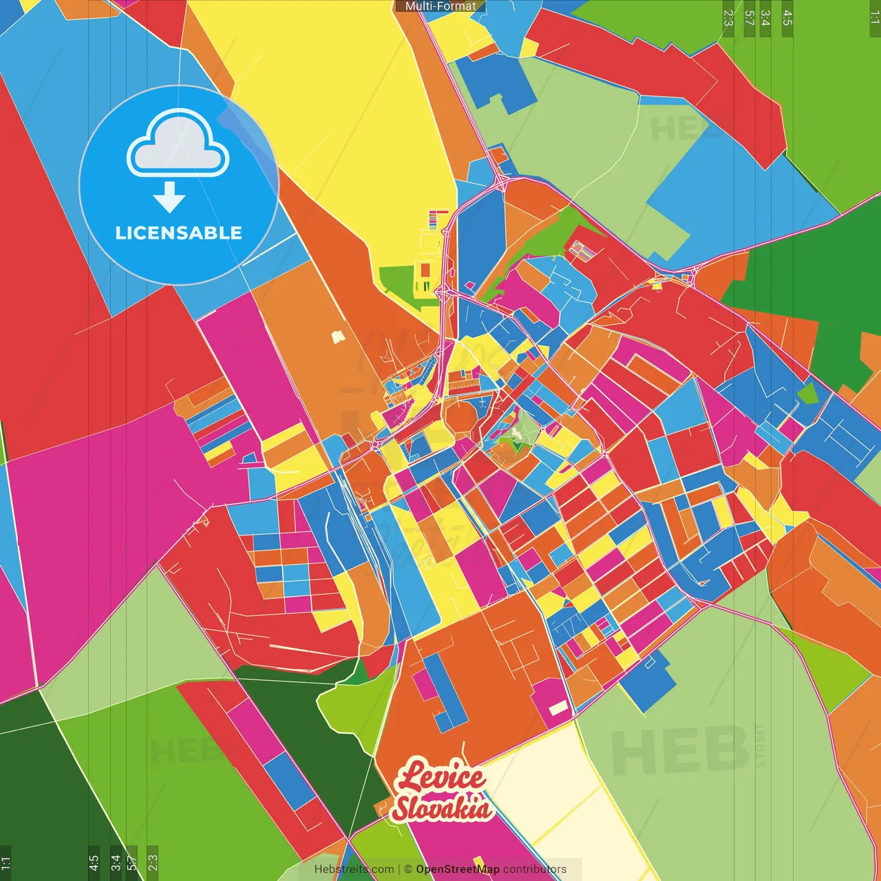 Levice, Nitra Region, Slovakia Crazy Colorful Street Map Poster Template
