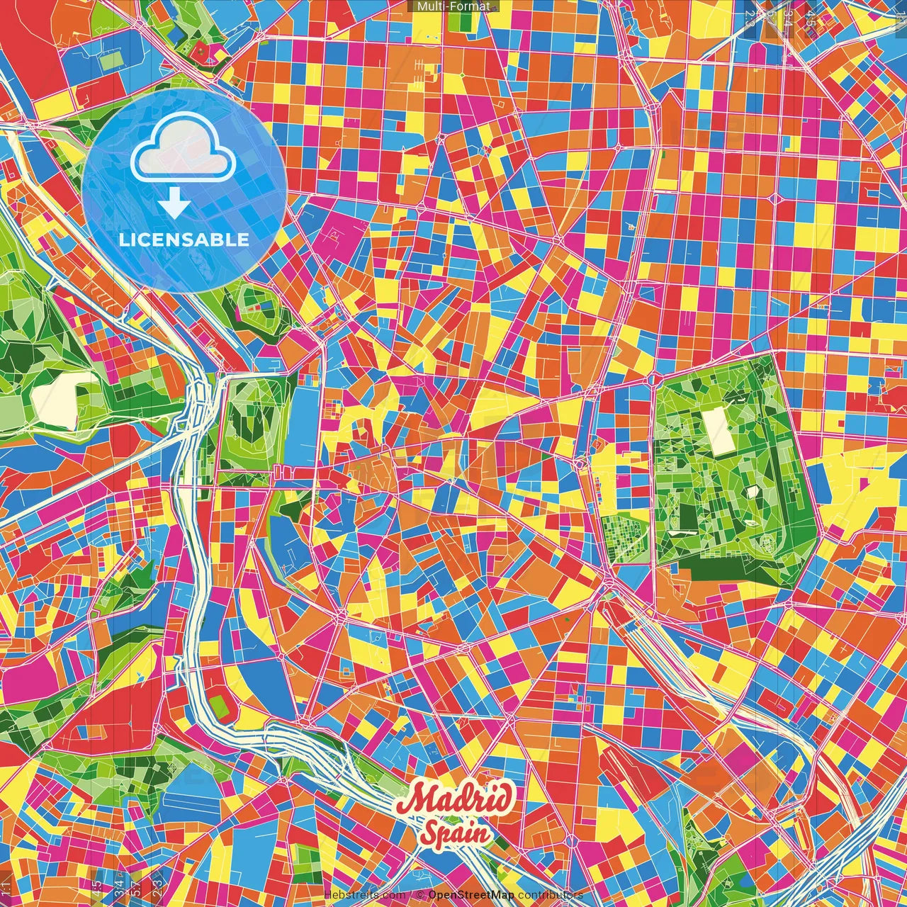 Madrid, Spain Crazy Colorful Street Map Poster Template