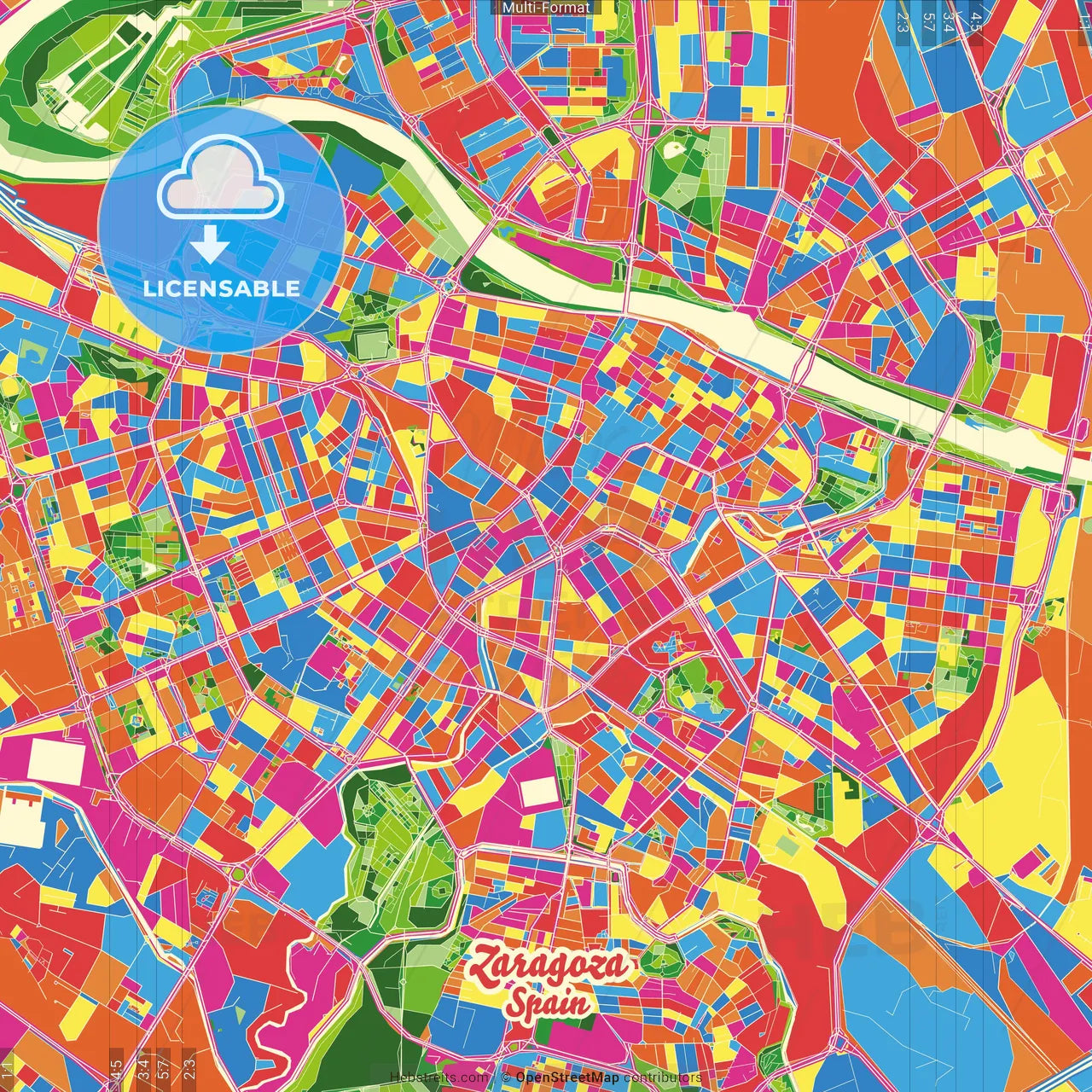 Zaragoza, Spain Crazy Colorful Street Map Poster Template