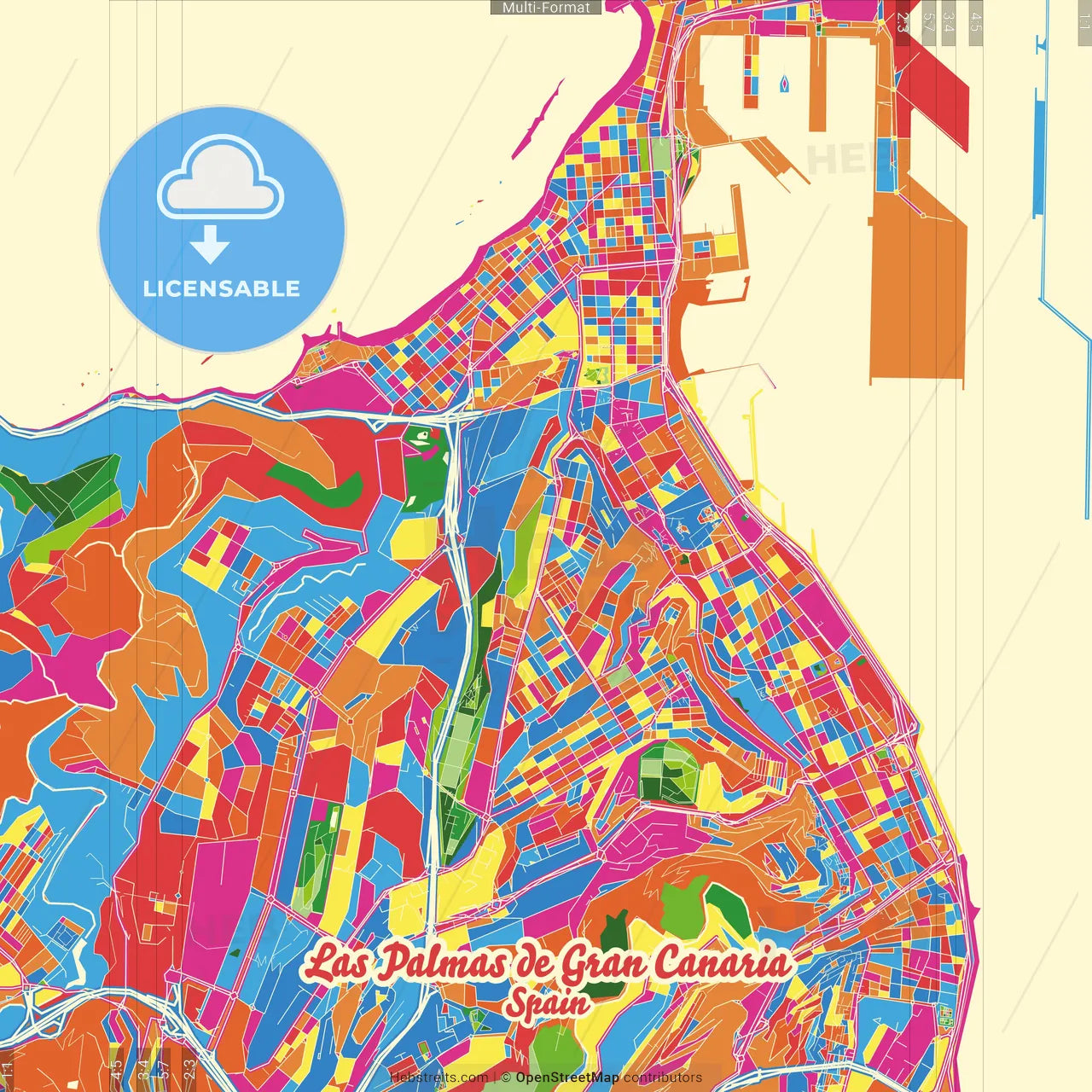 Las Palmas de Gran Canaria, Las Palmas, Spain Crazy Colorful Street Map Poster Template