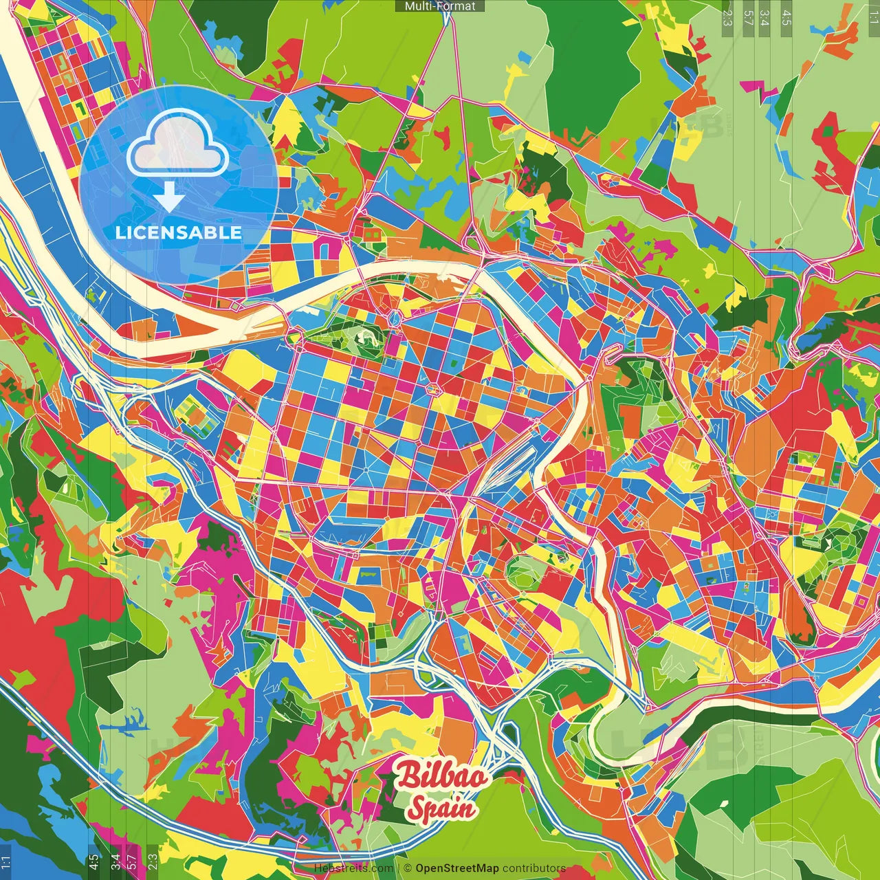 Bilbao, Biscay, Spain Crazy Colorful Street Map Poster Template