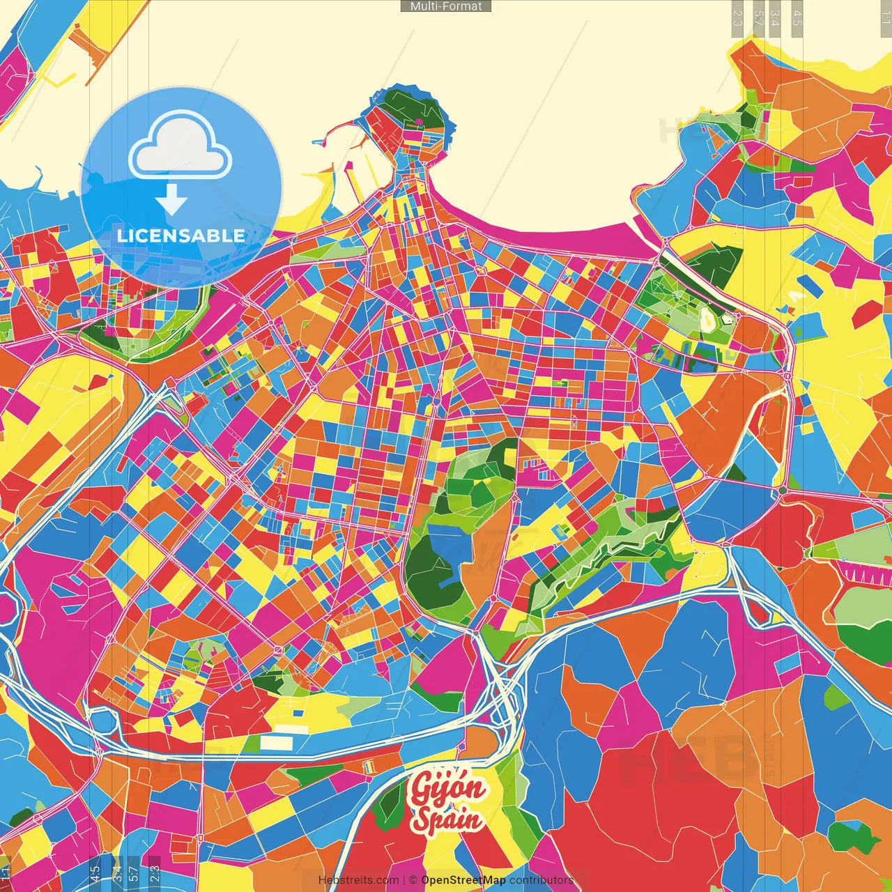 Gijón, Asturias, Spain Crazy Colorful Street Map Poster Template