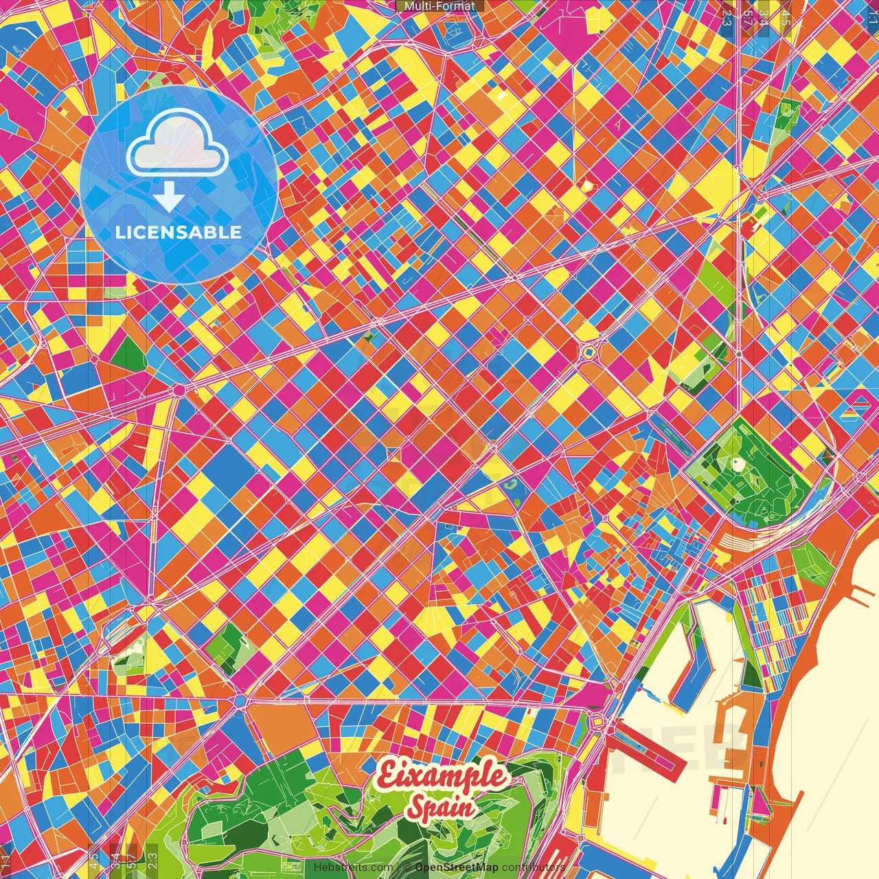 Eixample, Barcelona, Spain Crazy Colorful Street Map Poster Template