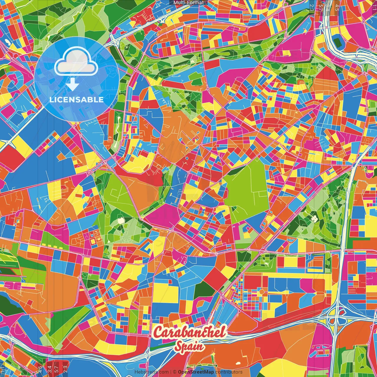 Carabanchel, Madrid, Spain Crazy Colorful Street Map Poster Template
