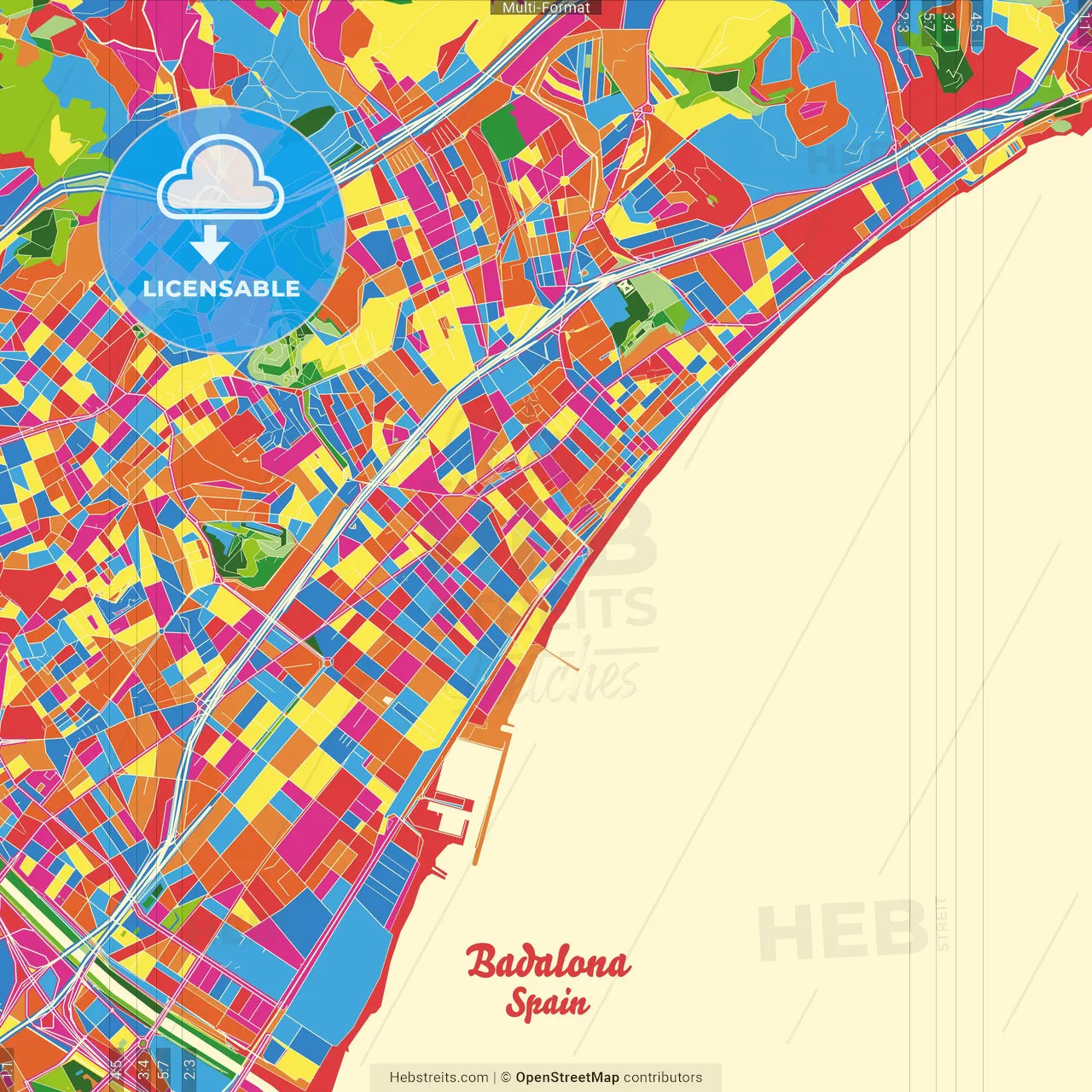 Badalona, Barcelona, Spain Crazy Colorful Street Map Poster Template