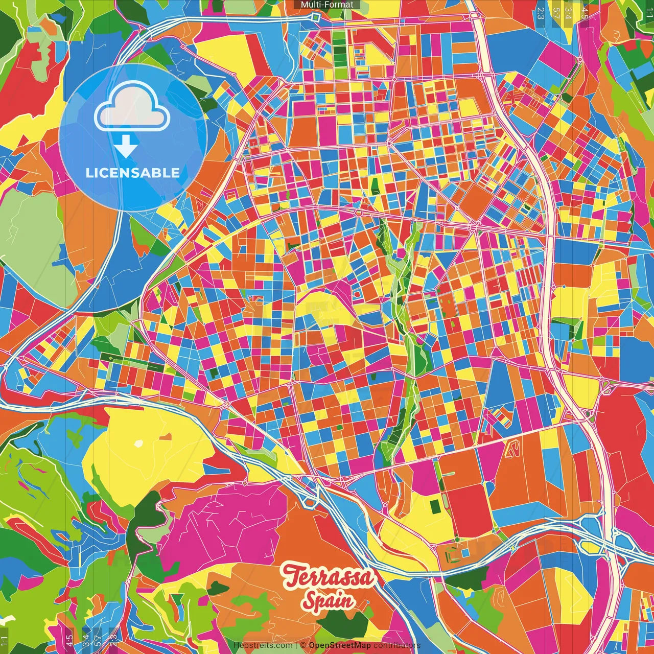 Terrassa, Barcelona, Spain Crazy Colorful Street Map Poster Template