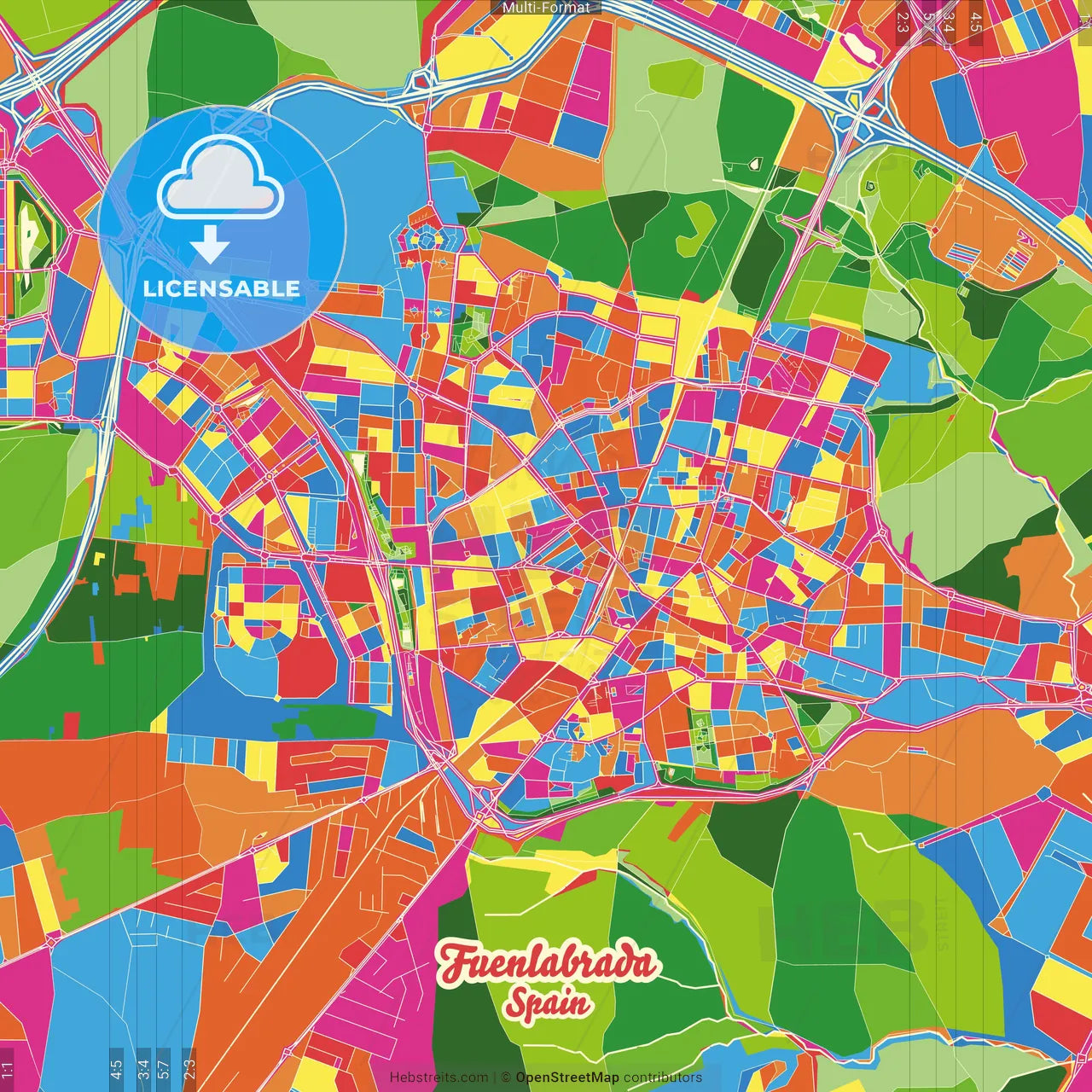 Fuenlabrada, Madrid, Spain Crazy Colorful Street Map Poster Template