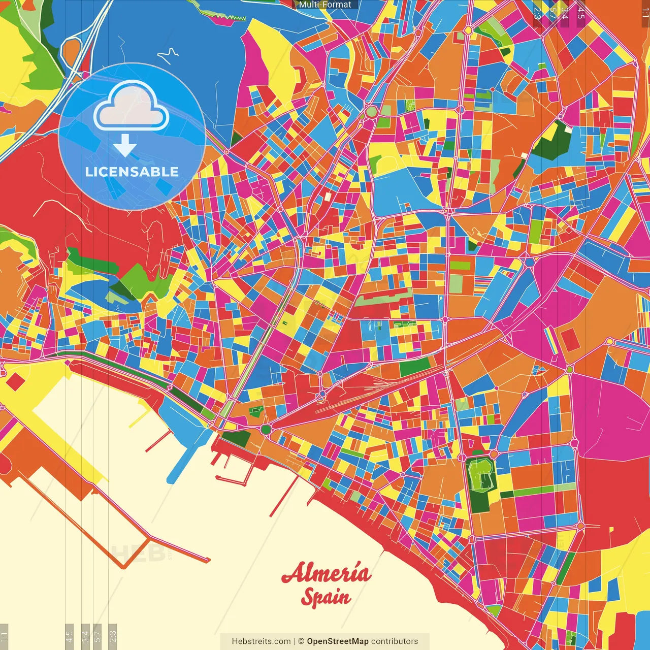 Almería, Spain Crazy Colorful Street Map Poster Template