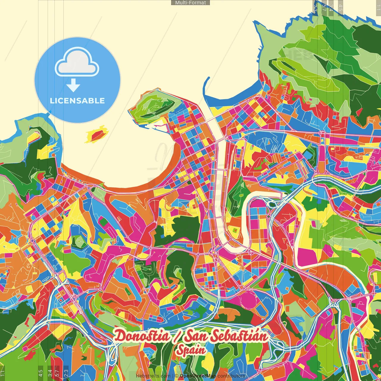 Donostia / San Sebastián, Gipuzkoa, Spain Crazy Colorful Street Map Poster Template