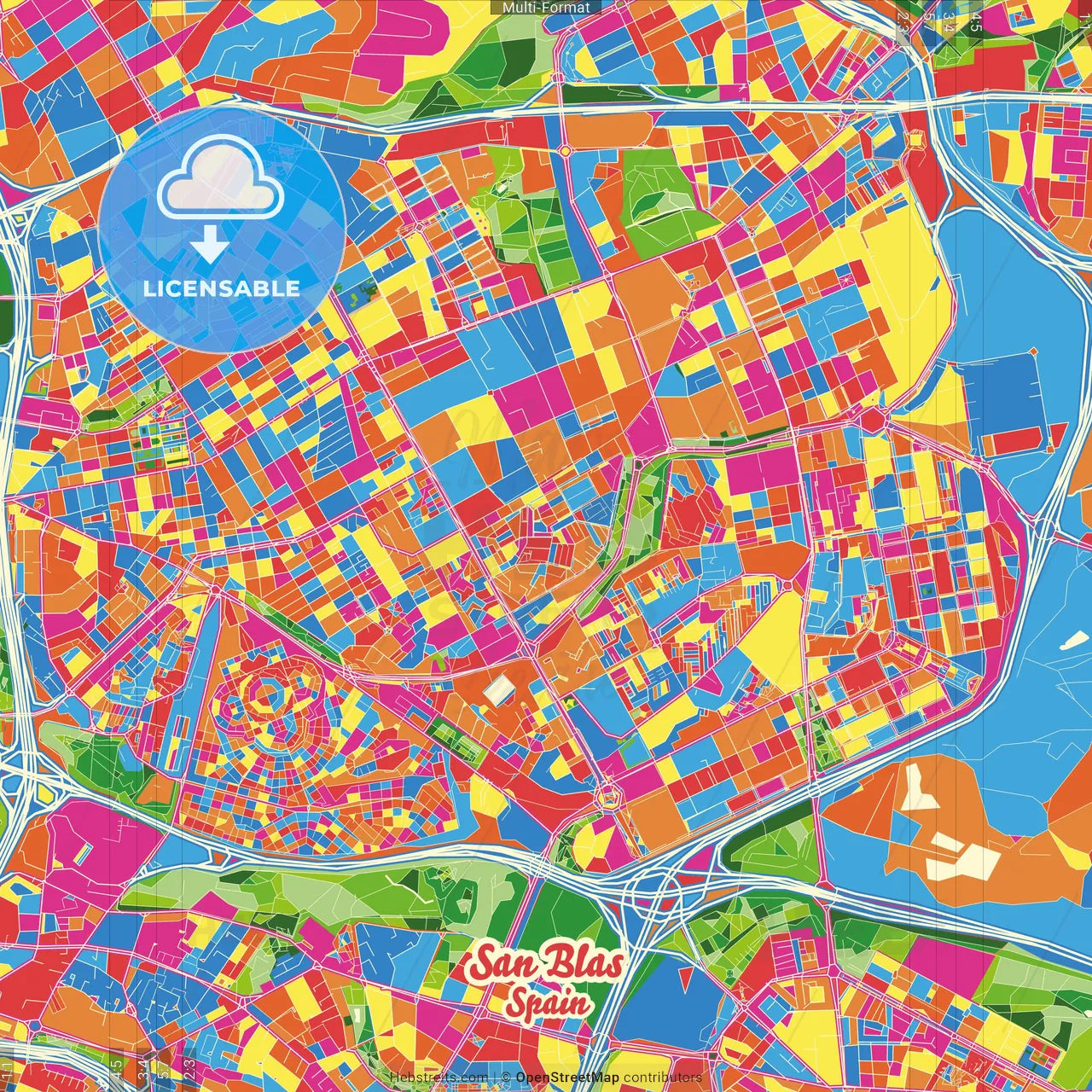 San Blas, Madrid, Spain Crazy Colorful Street Map Poster Template