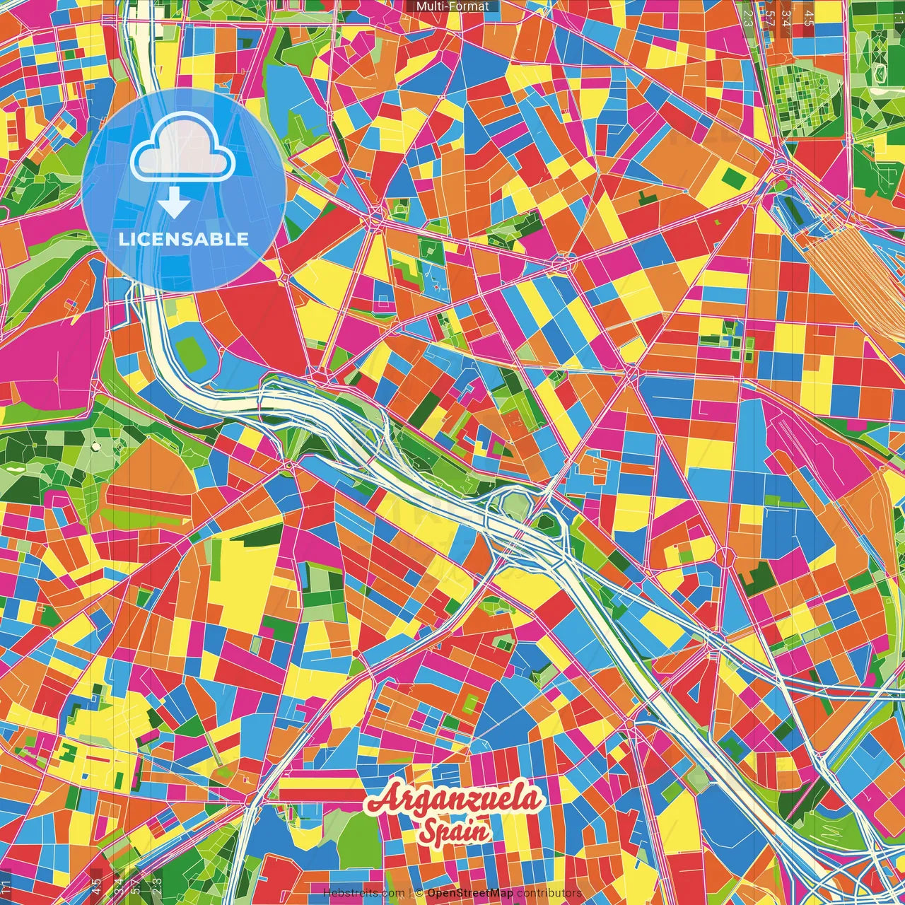 Arganzuela, Madrid, Spain Crazy Colorful Street Map Poster Template