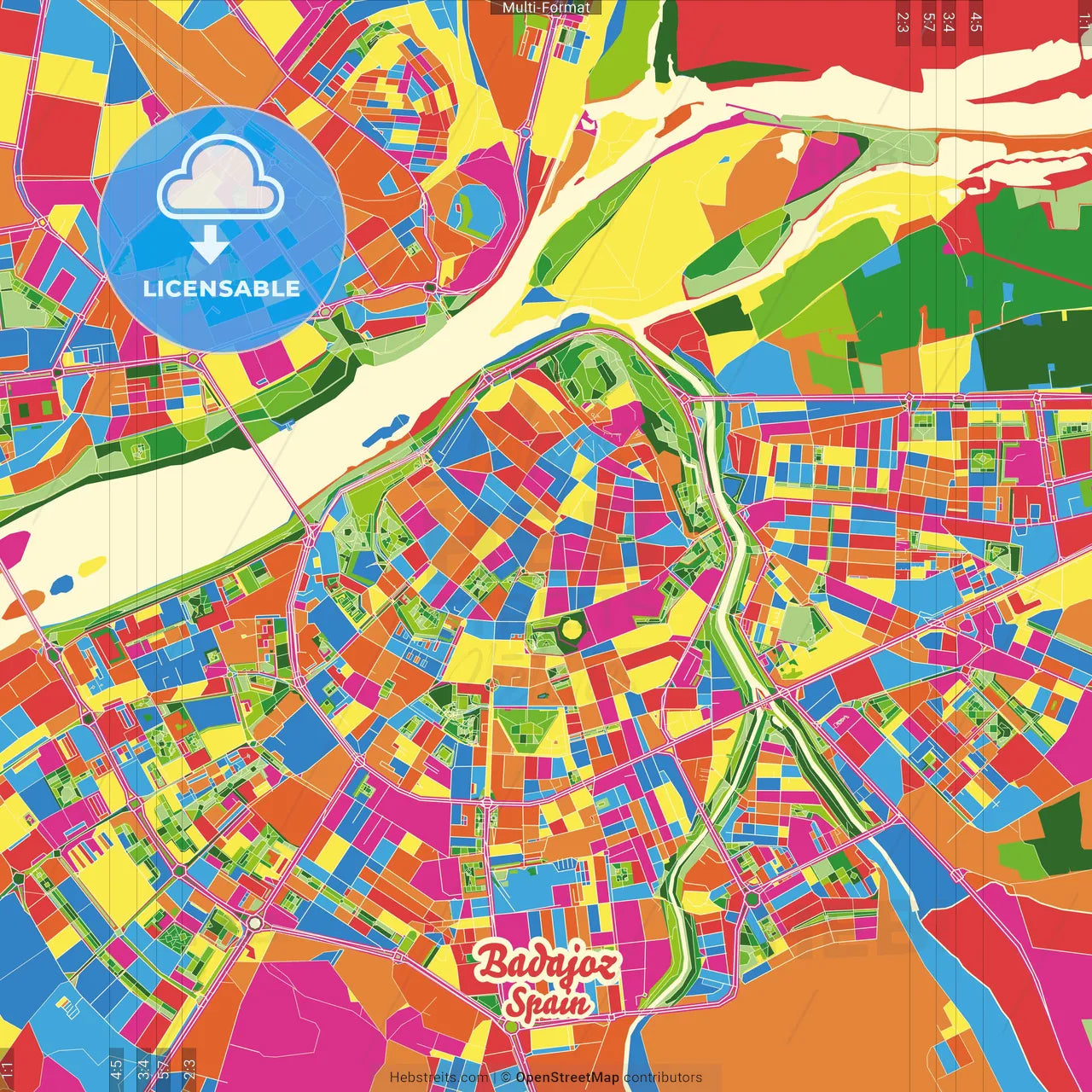 Badajoz, Spain Crazy Colorful Street Map Poster Template