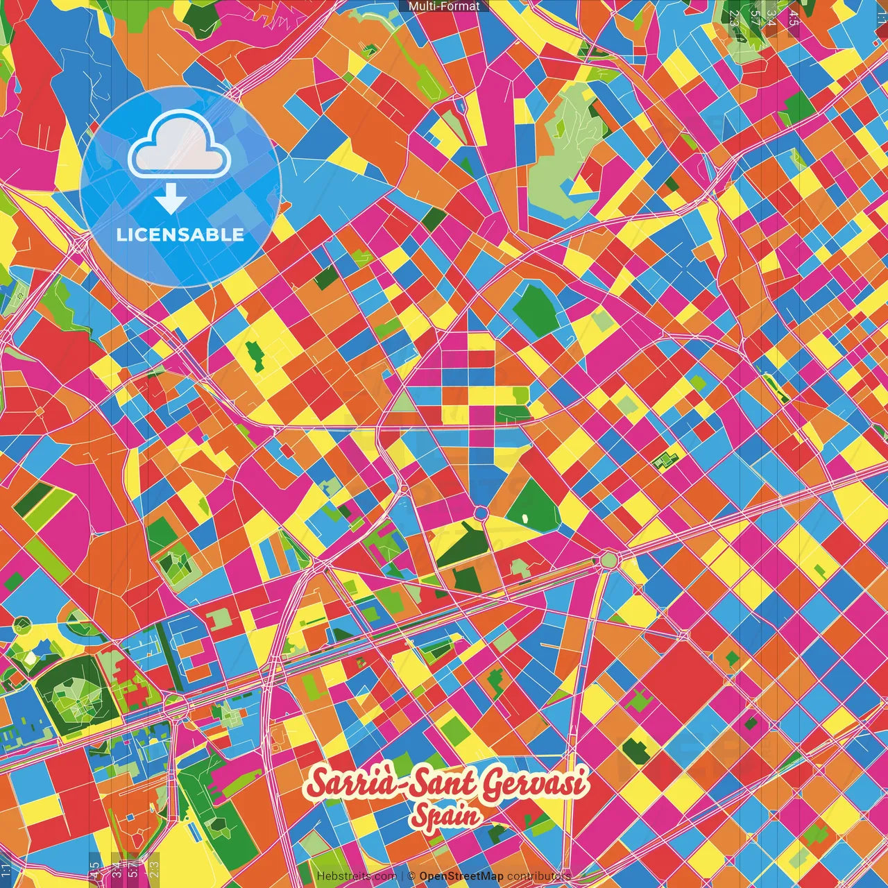 Sarrià-Sant Gervasi, Barcelona, Spain Crazy Colorful Street Map Poster Template