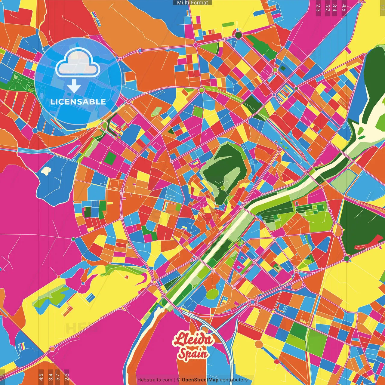 Lleida, Spain Crazy Colorful Street Map Poster Template