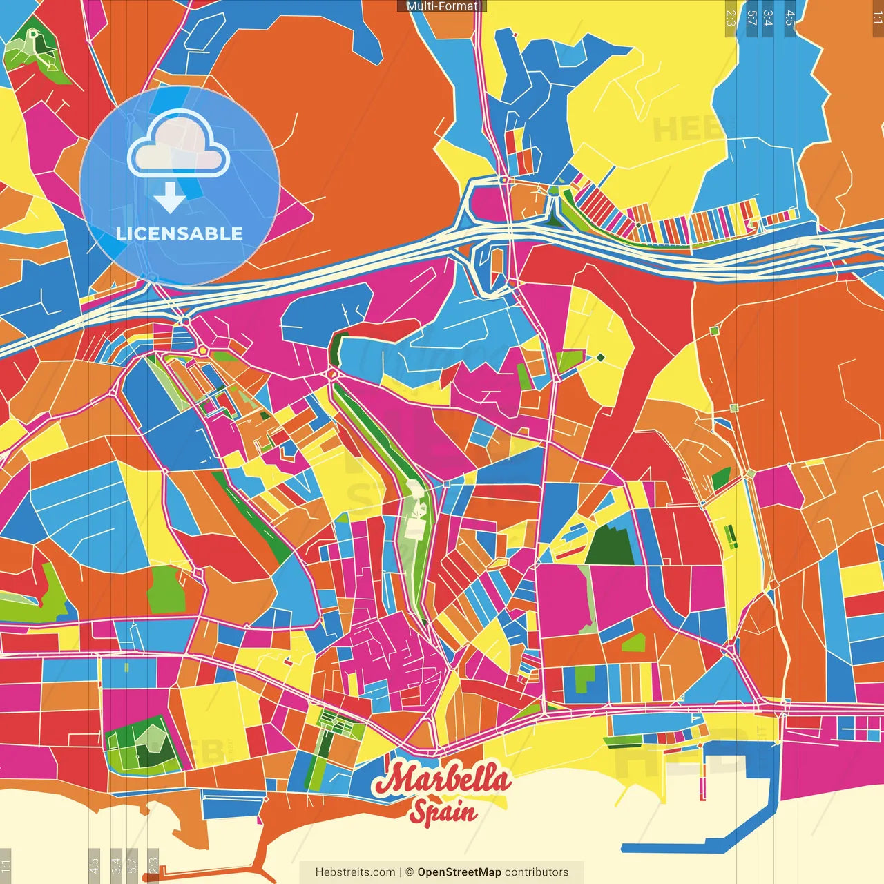 Marbella, Málaga, Spain Crazy Colorful Street Map Poster Template