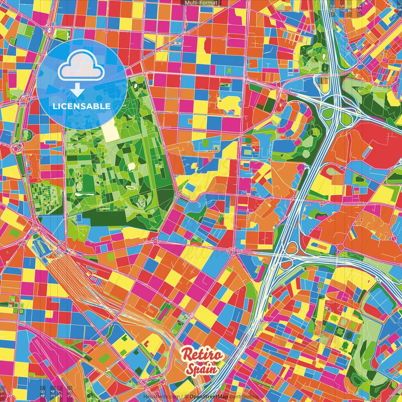 Retiro, Madrid, Spain Crazy Colorful Street Map Poster Template