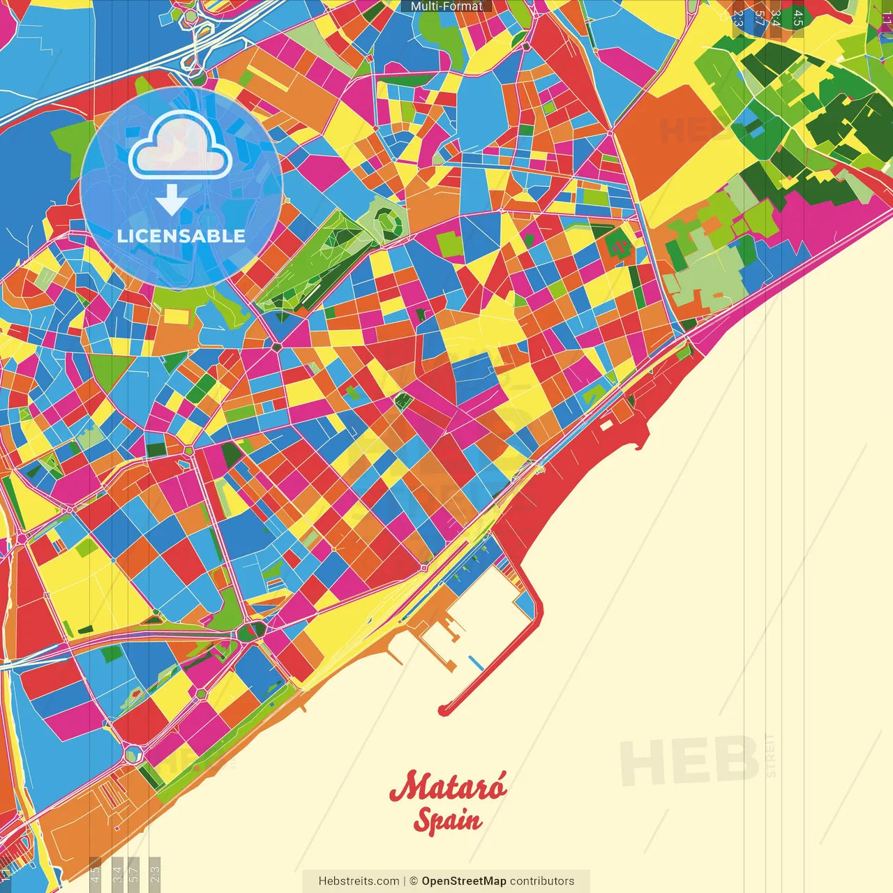 Mataró, Barcelona, Spain Crazy Colorful Street Map Poster Template