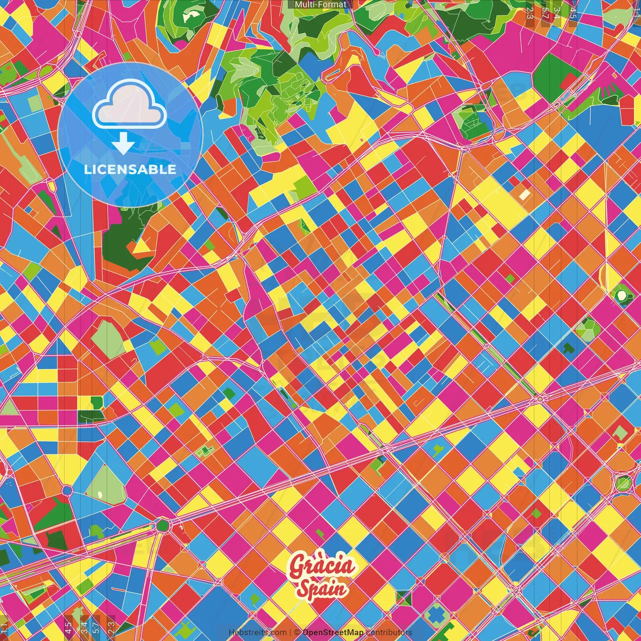 Gràcia, Barcelona, Spain Crazy Colorful Street Map Poster Template