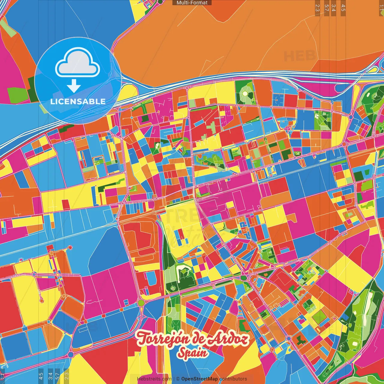 Torrejón de Ardoz, Madrid, Spain Crazy Colorful Street Map Poster Template