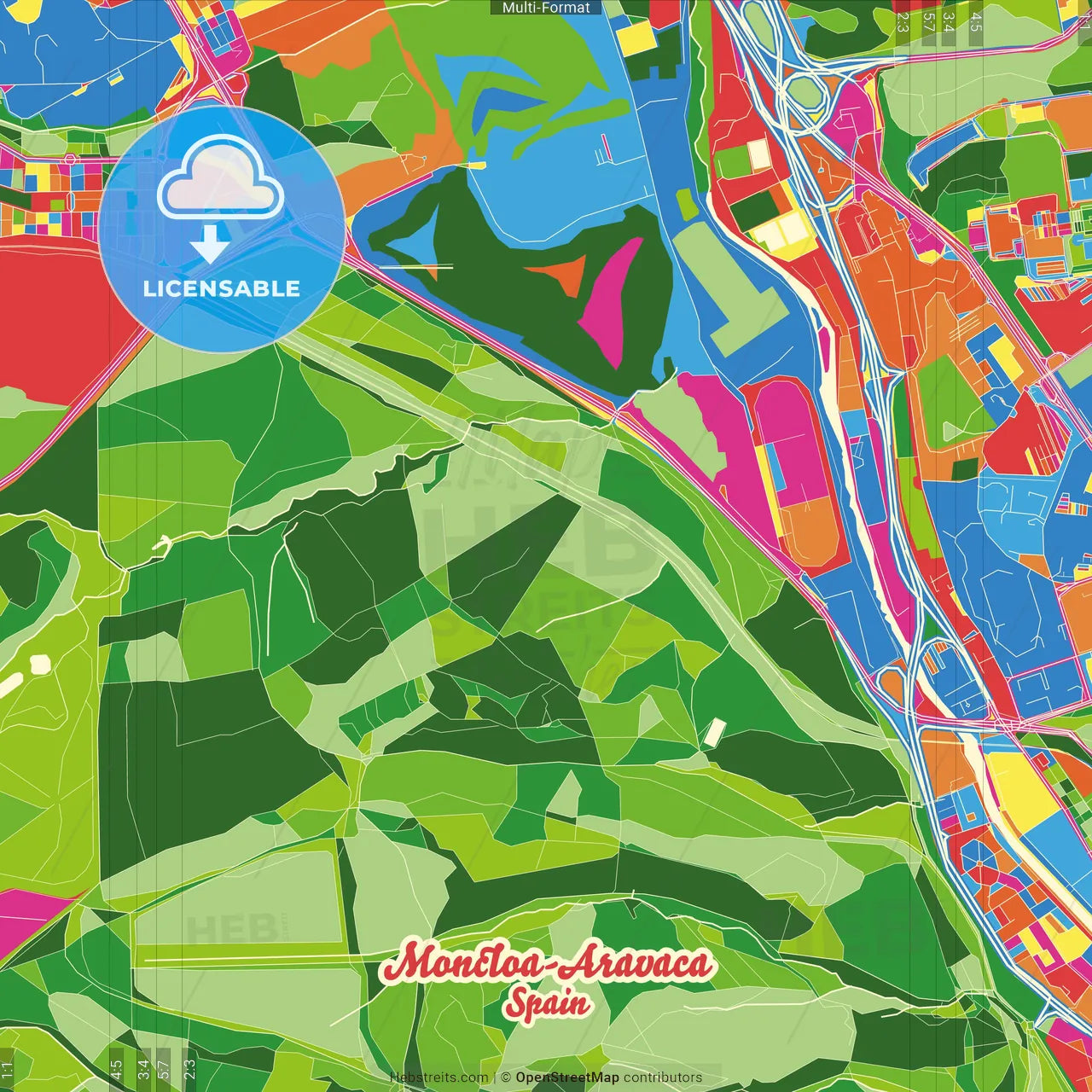 Moncloa-Aravaca, Madrid, Spain Crazy Colorful Street Map Poster Template