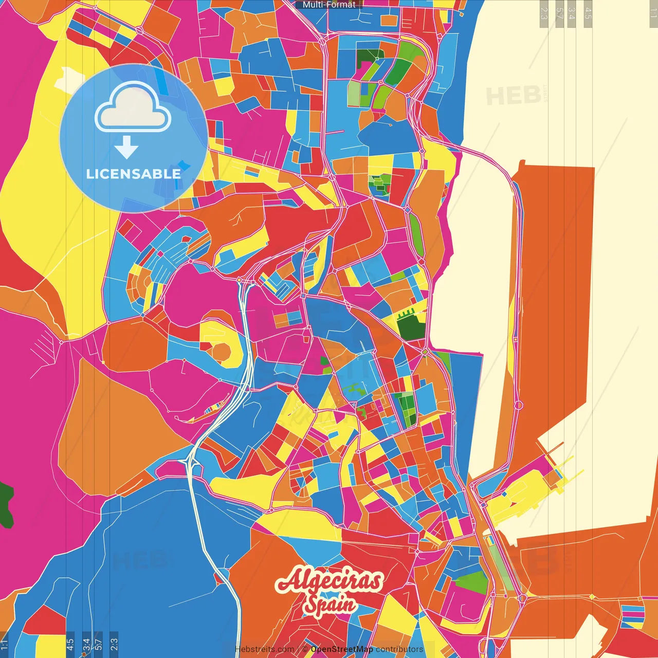 Algeciras, Cádiz, Spain Crazy Colorful Street Map Poster Template