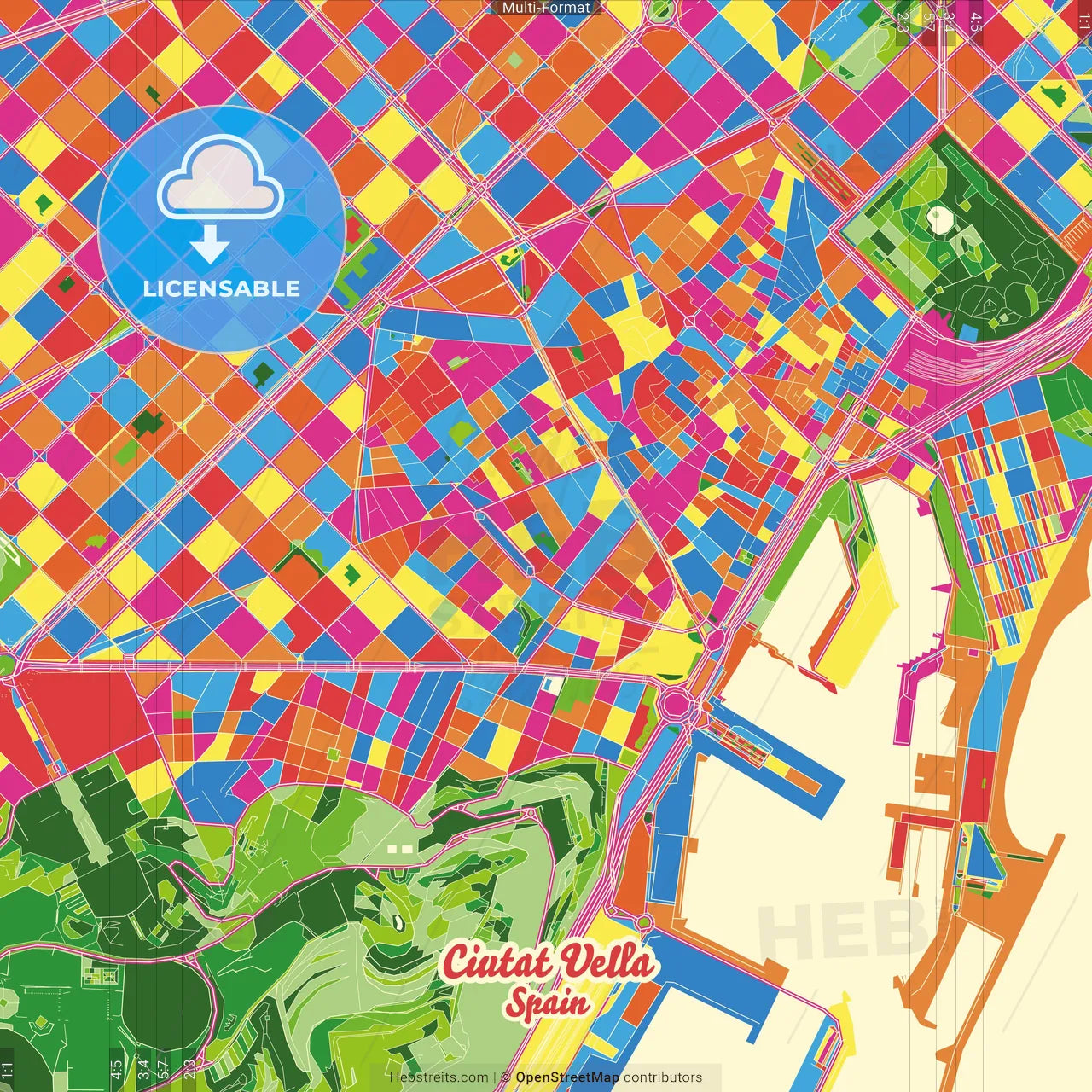 Ciutat Vella, Barcelona, Spain Crazy Colorful Street Map Poster Template