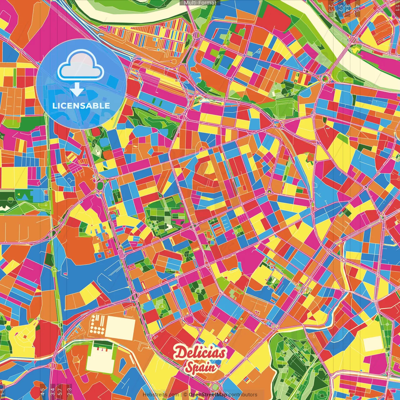 Delicias, Zaragoza, Spain Crazy Colorful Street Map Poster Template