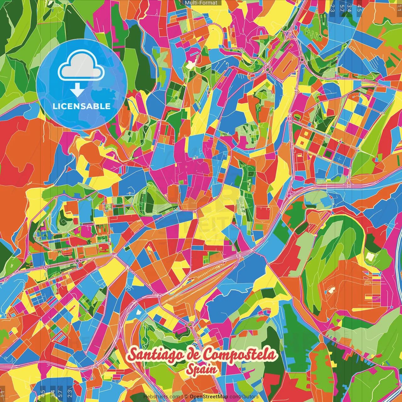 Santiago de Compostela, A Coruña, Spain Crazy Colorful Street Map Poster Template